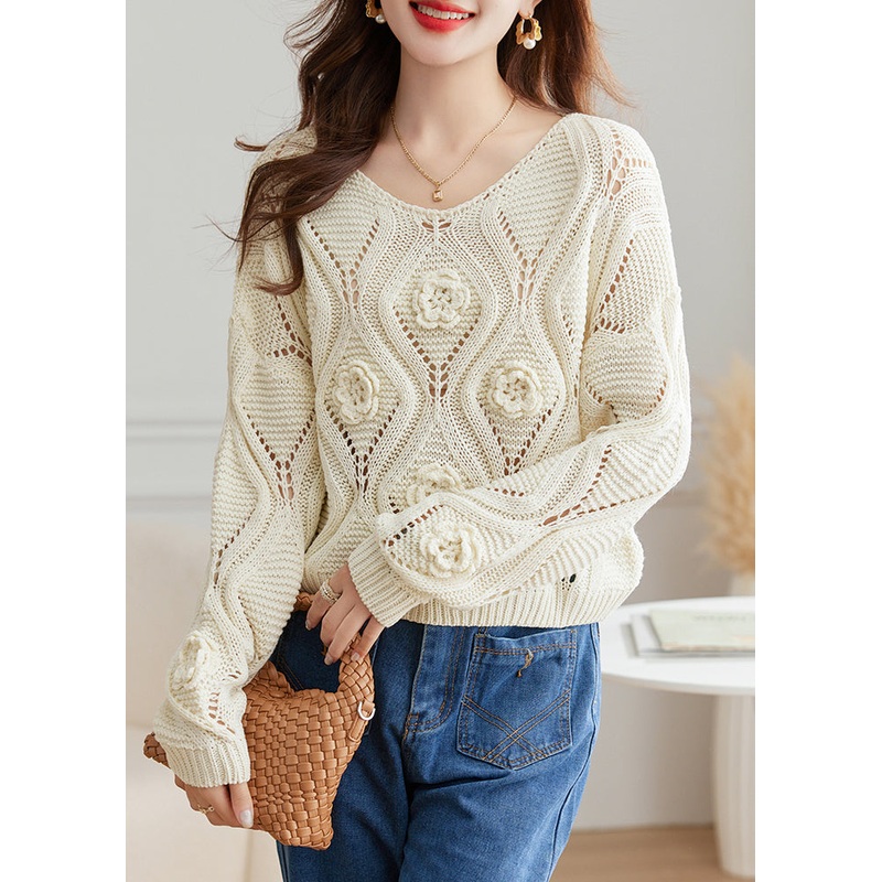 White Hollow Out Cozy Knit Fall Sweater O Neck