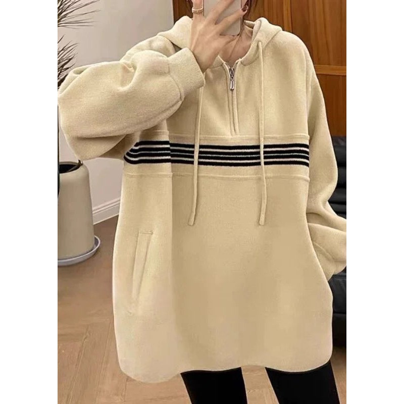 Women Apricot Hooded Zippered Pockets Sweatshirt Fall