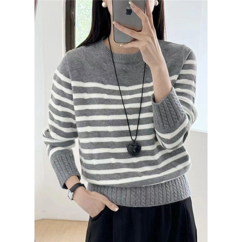 Women Grey Striped Cozy Knit Sweaters Fall