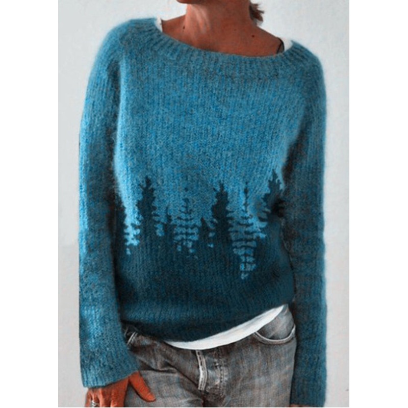 Women Peacock Blue O Neck Cozy Knit Sweaters Fall