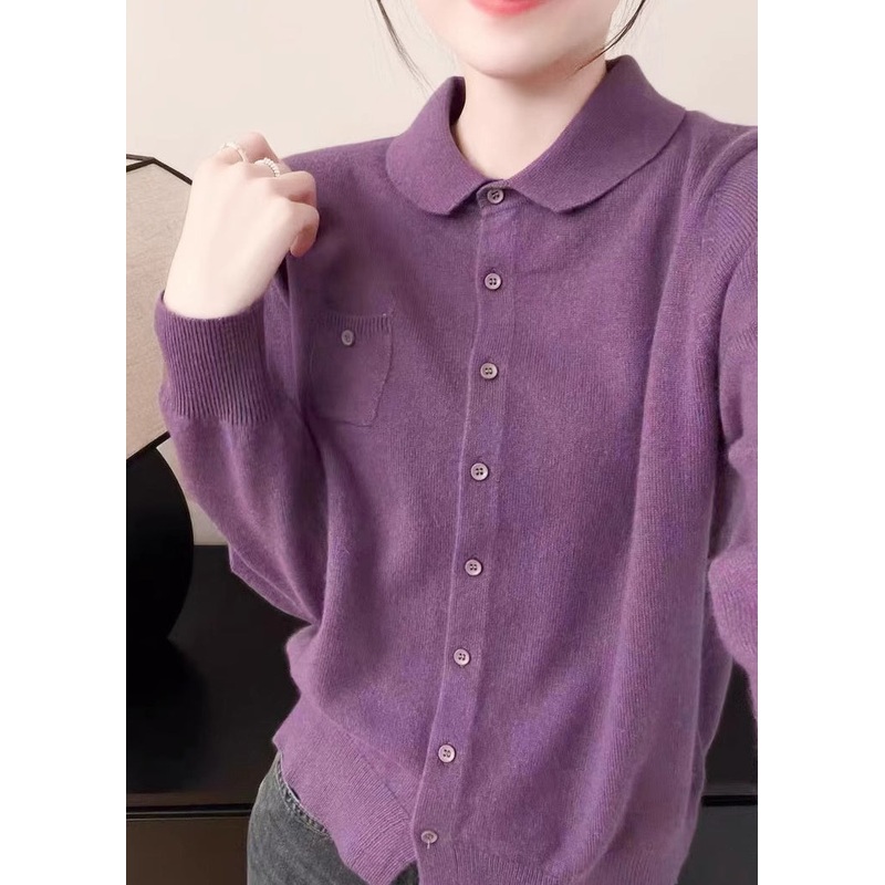 Women Purple Peter Pan Collar Button Knit Sweater Fall