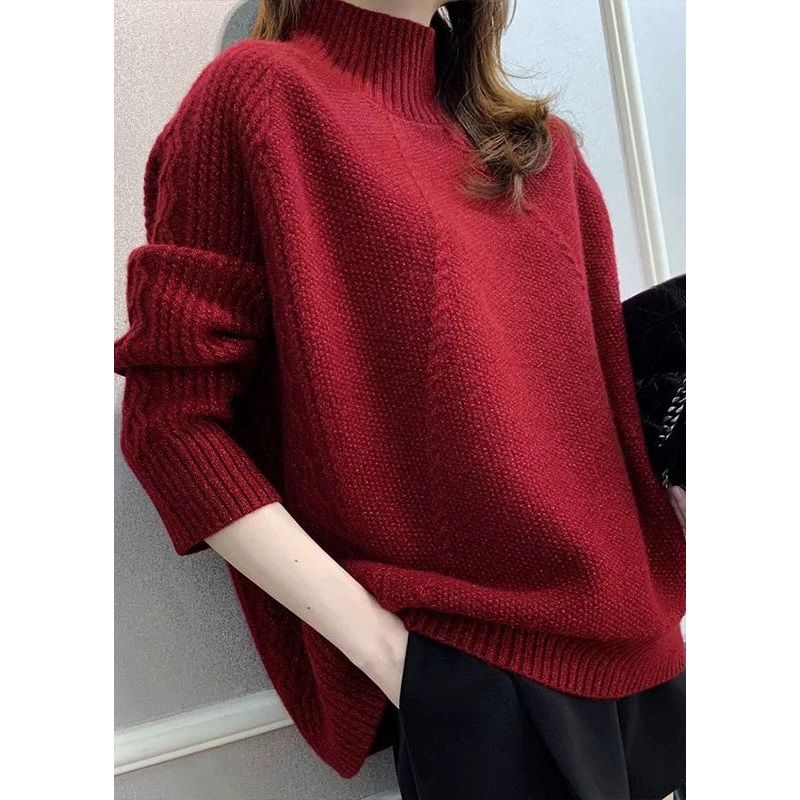 Women Red Turtleneck Cozy Cotton Knit Sweater Fall