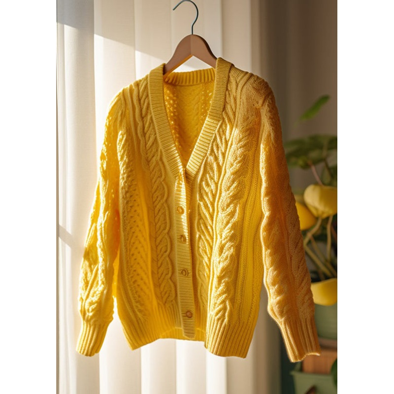Women Yellow Hollow Out Button Solid Knit Cardigans Fall