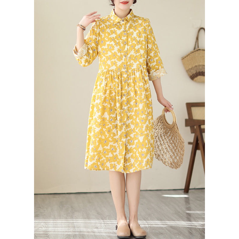 Women Yellow Peter Pan Collar Print Cotton Shirts Dresses Fall