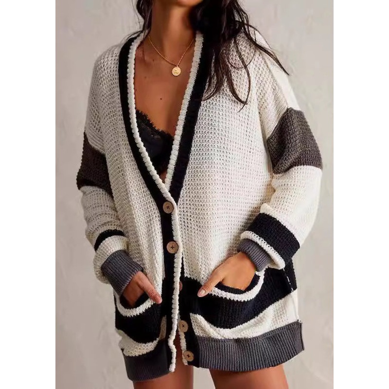 Art White V Neck Striped Button Knit Loose Coat Fall
