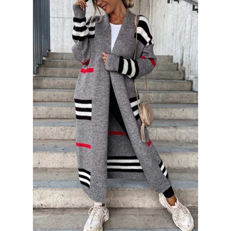 Bohemian Grey V Neck Striped Knit Cardigan Fall