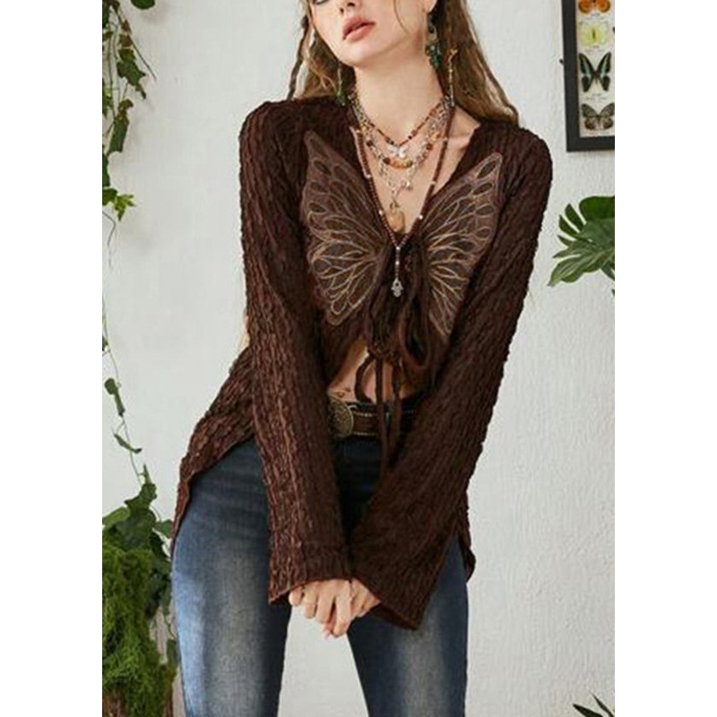 Boutique Brown Butterfly Lace Up Cotton T Shirt Top Fall