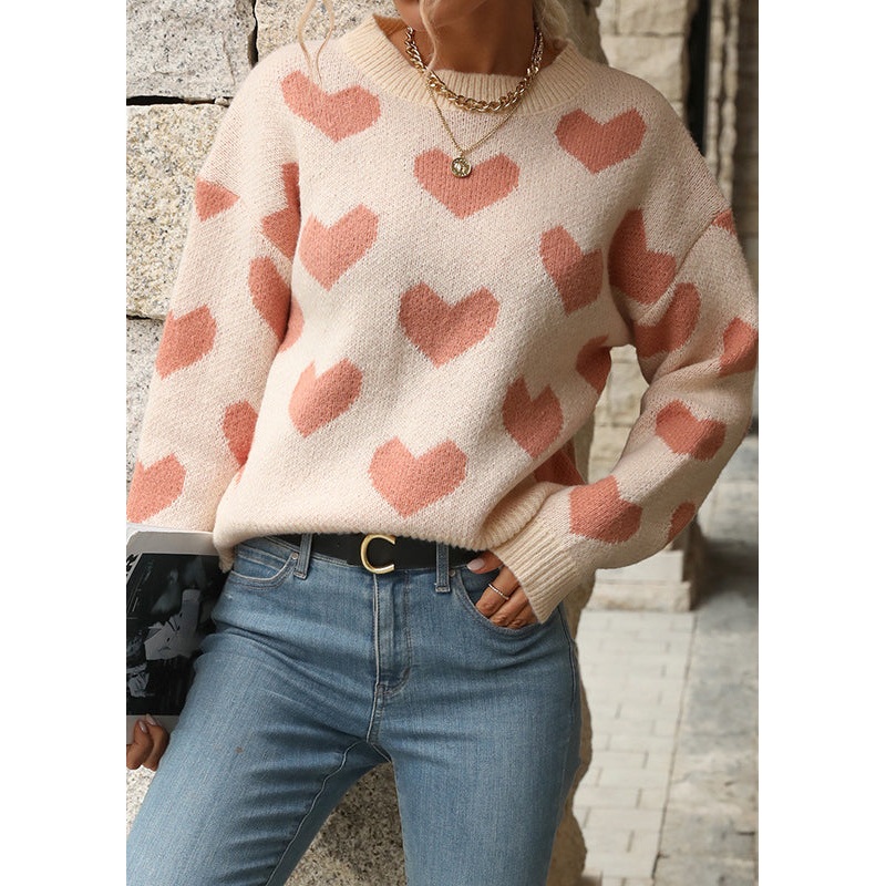 DIY Pink O Neck Thick Heart Jacquard Knit Pullover Fall