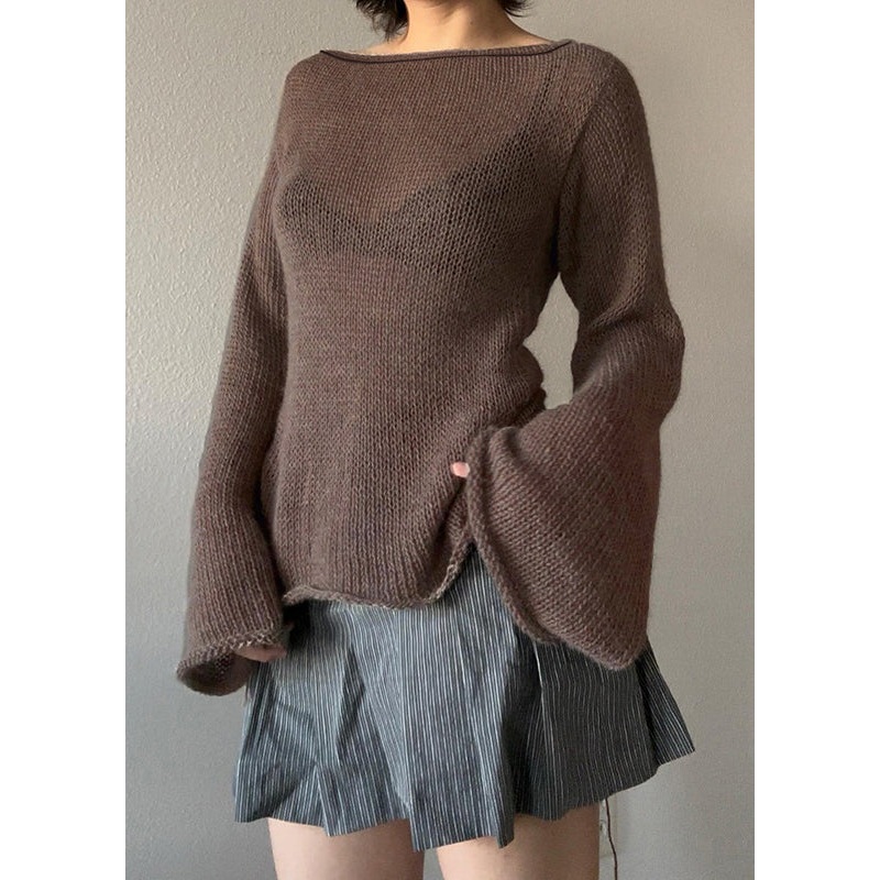 European And American Coffee Backless Lace Up Flared Sleeve Knit Top