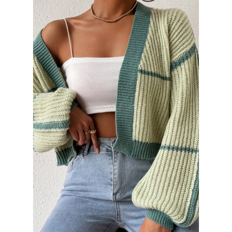 Fashion Green Striped Knit Short Cardigan Fall