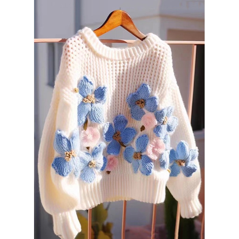 Floral Blue O Neck Hollow Out Cozy Knit Sweaters Fall