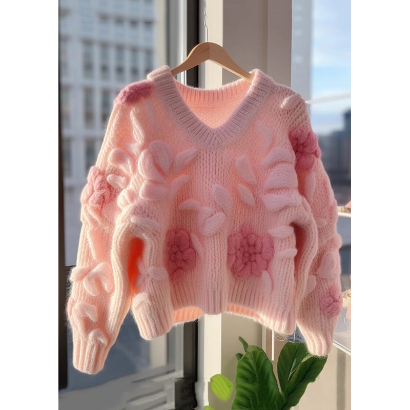 Floral Pink V Neck Original Design Knit Cardigans Fall