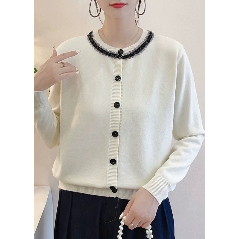 French Beige Button Patchwork Cashmere Knit Cardigans Fall