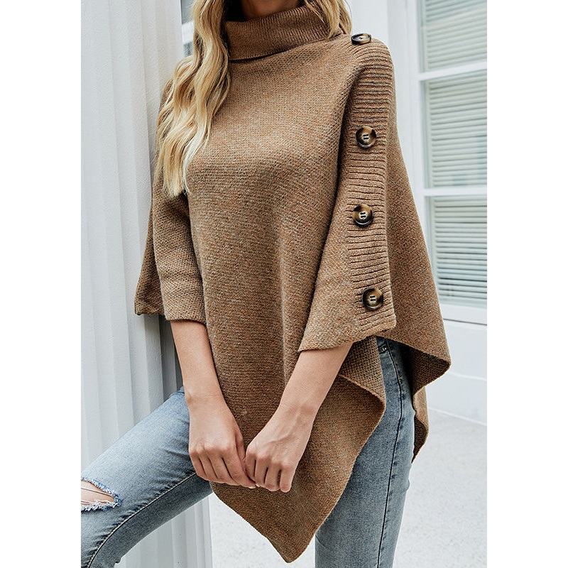 French Khaki Hign Neck Asymmetrical Knit Cape Fall