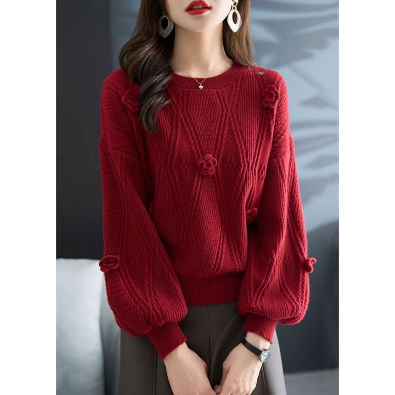 French Red O Neck Plaid Knit Sweater Fall