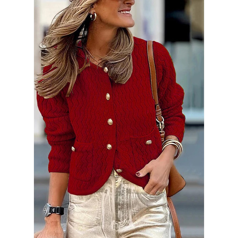 French Wine Red V Neck Jacquard Pockets Knit Loose Coat Fall