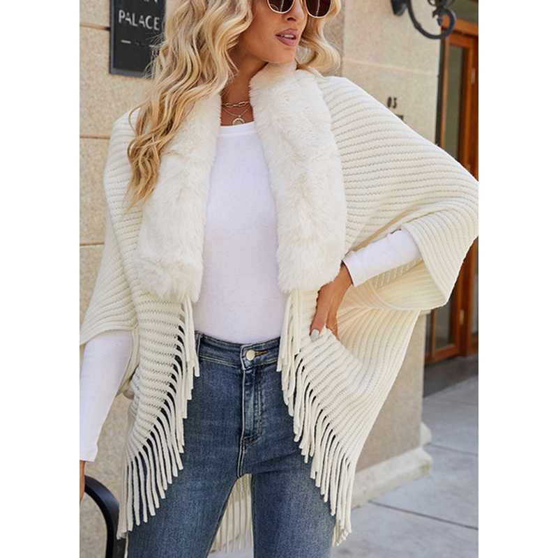 Italian Beige Tassel Fur Collar Patchwork Knit Cape Fall