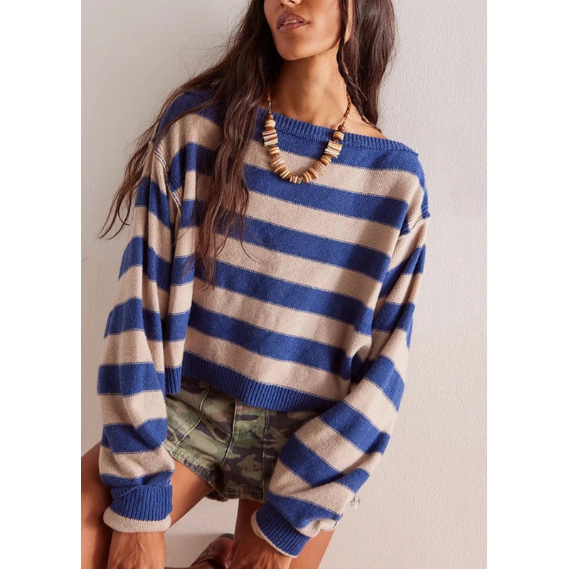 Loose Blue O Neck Striped Short Knit Pullover Fall