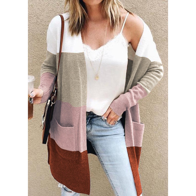 Loose Grey V Neck Striped Pockets Knit Cardigan Fall
