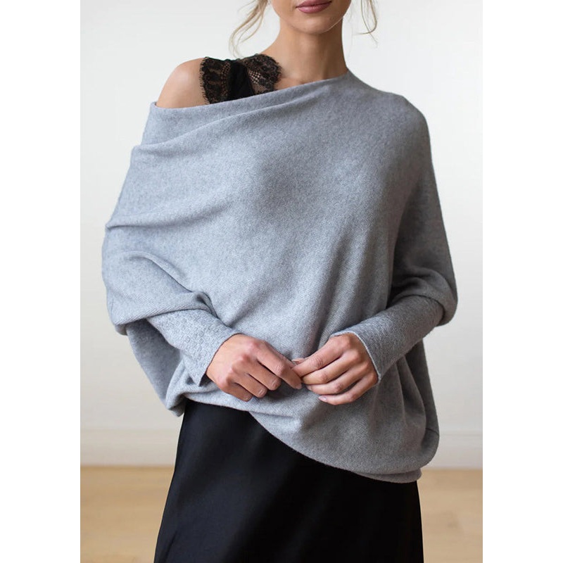Plus Size Grey O Neck Knit Pullover Batwing Sleeve