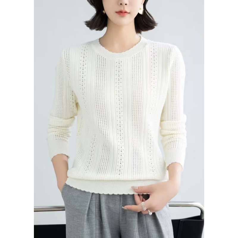 Simple Beige O Neck Hollow Out Knit Sweater Fall