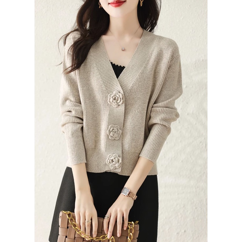Stylish Apricot V Neck Button Knit Cardigans Fall