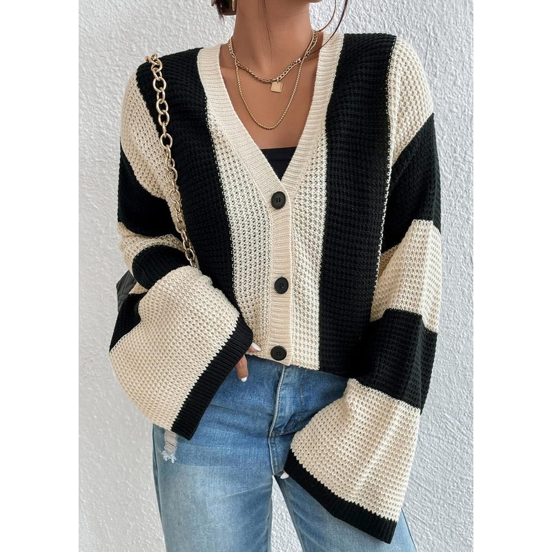 Stylish Apricot V Neck Striped Knit Loose Coat Fall