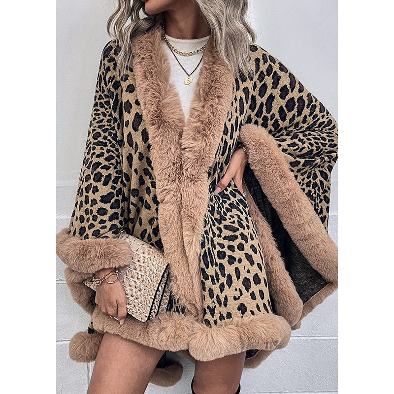 Stylish Loose Khaki Fur Collar Patchwork Knit Cape Batwing Sleeve