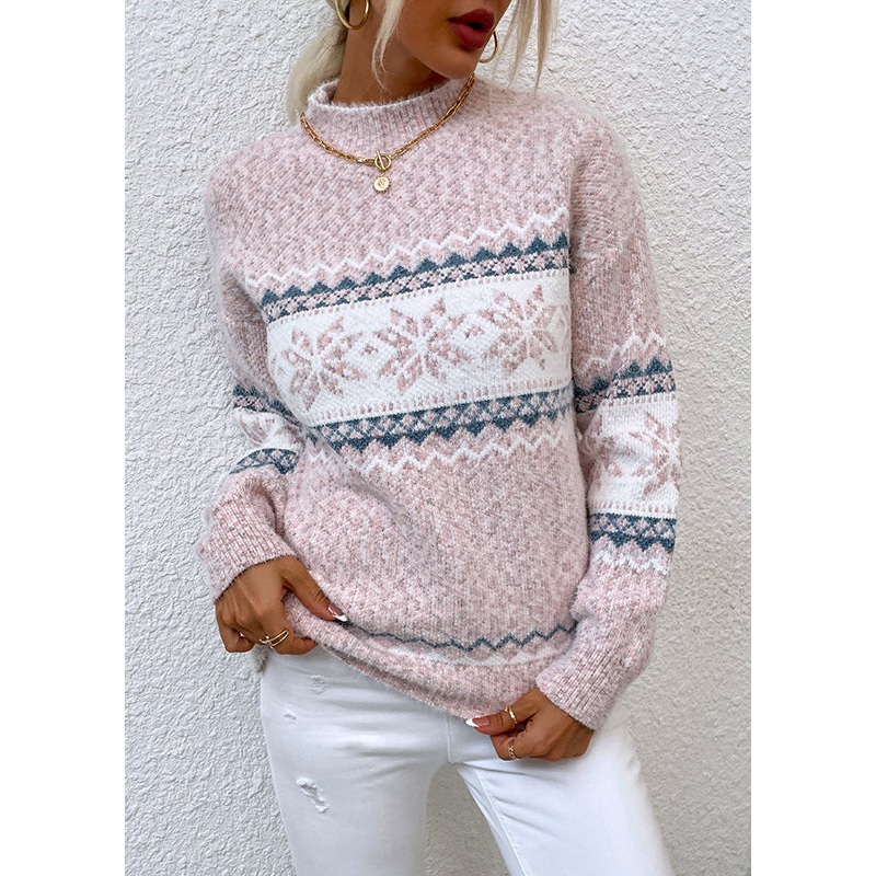 Stylish Pink Half Hign Neck Jacquard Thick Knit Sweaters Fall