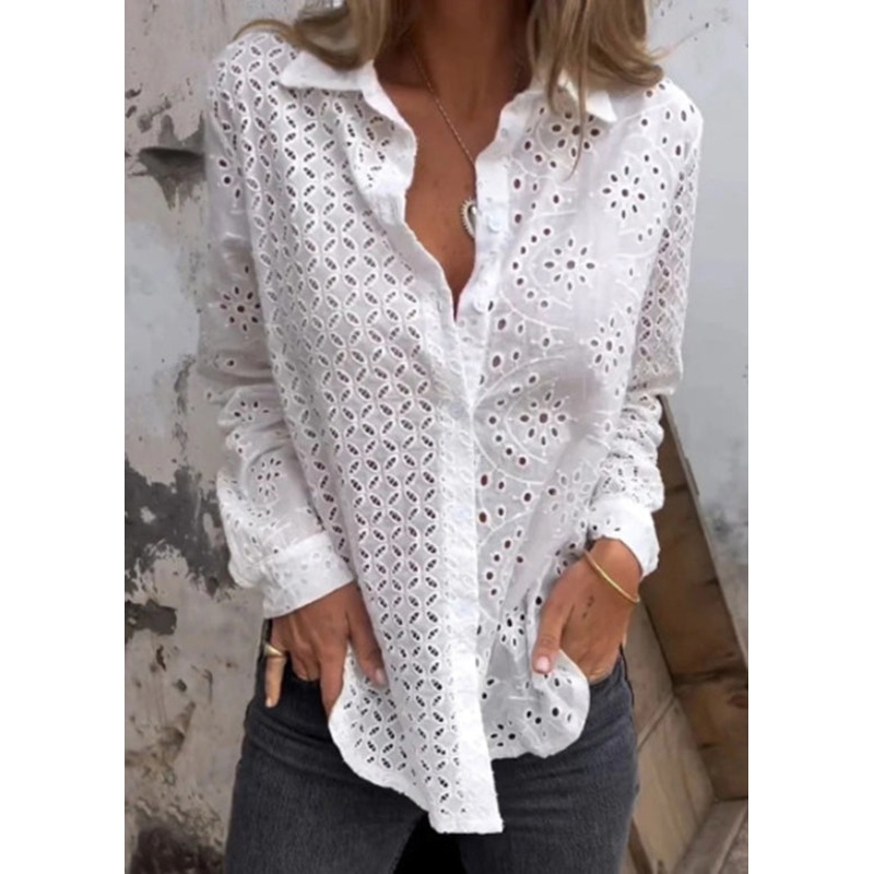 Stylish White Peter Pan Collar Hollow Out Cotton Shirt Fall