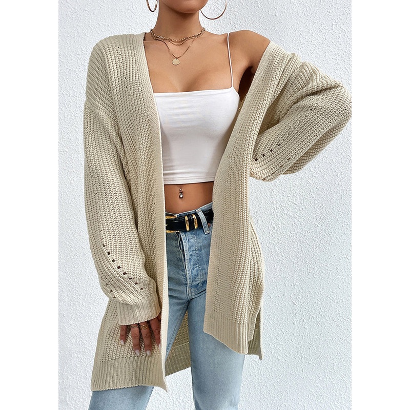 Women Apricot V Neck Loose Mid Knit Cardigan Fall
