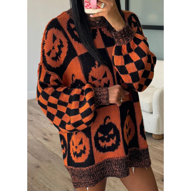 Women Orange O Neck Jacquard Thick Knitted Sweaters Fall