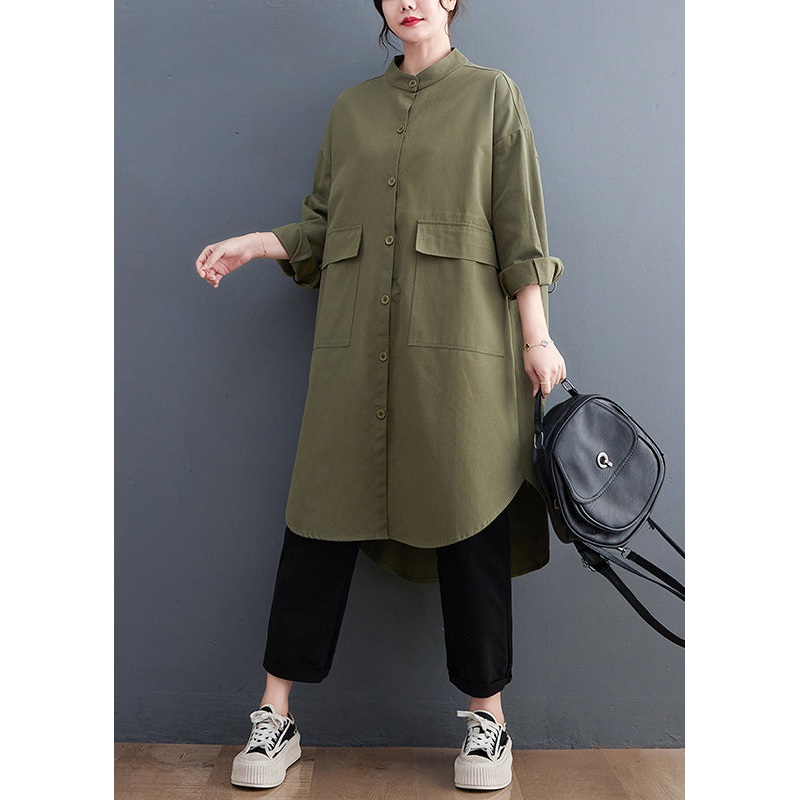 Army Green Oversized Cotton Shirt Dresses Pockets Fall