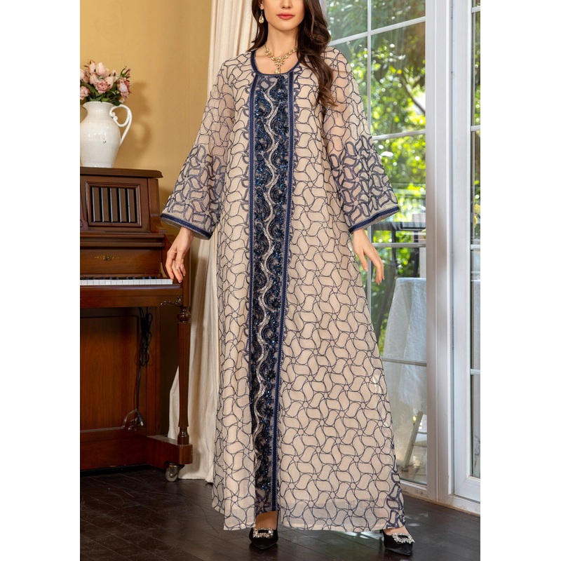 Art Grey O Neck Sequins Patchwork Tulle Long Dress Fall
