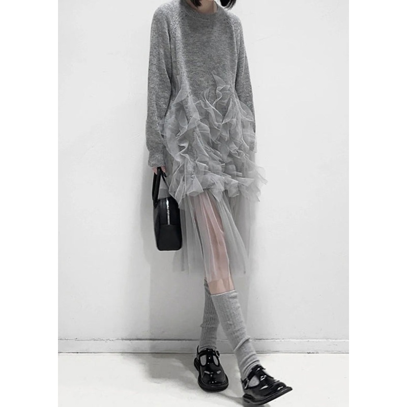 Art Grey Ruffled Solid Tulle Patchwork Knit Dress