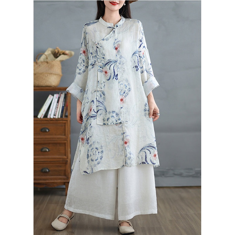 Art White Oversized Print Linen Oriental Dress Fall