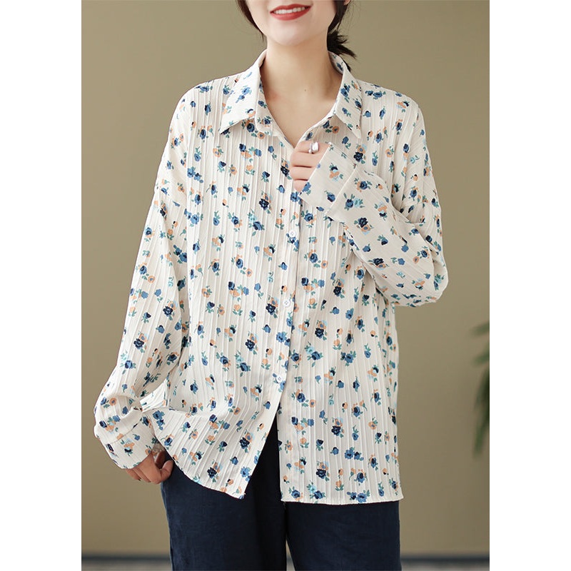 Art White Peter Pan Collar Print Cotton Shirts Fall