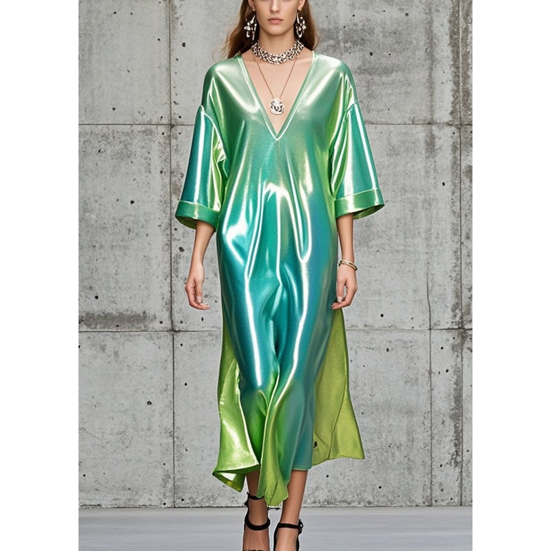 Beautiful Gradient Color V Neck Side Open Silk Dress Summer