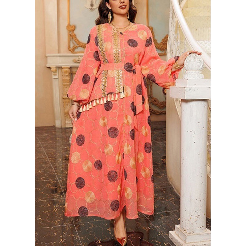 Beautiful Orange Sequins Tasseled Patchwork Maxi Dresses Fall