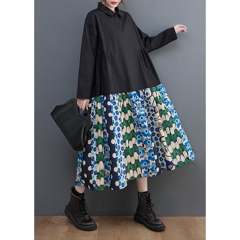 Black Patchwork Cotton A Line Dress Oversized Print Fall