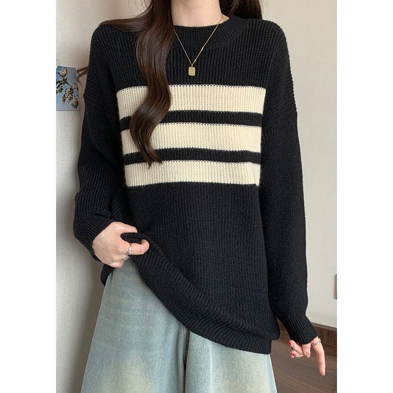 Black Striped Thick Knitted Tops Oversized Fall