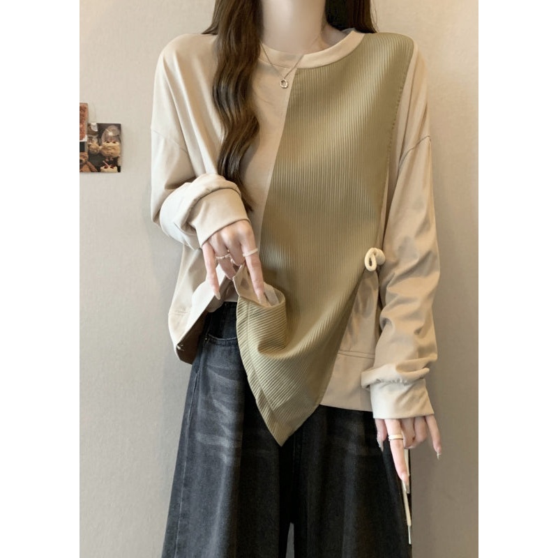 Boho Khaki Asymmetrical Patchwork Cotton Sweatshirt Fall