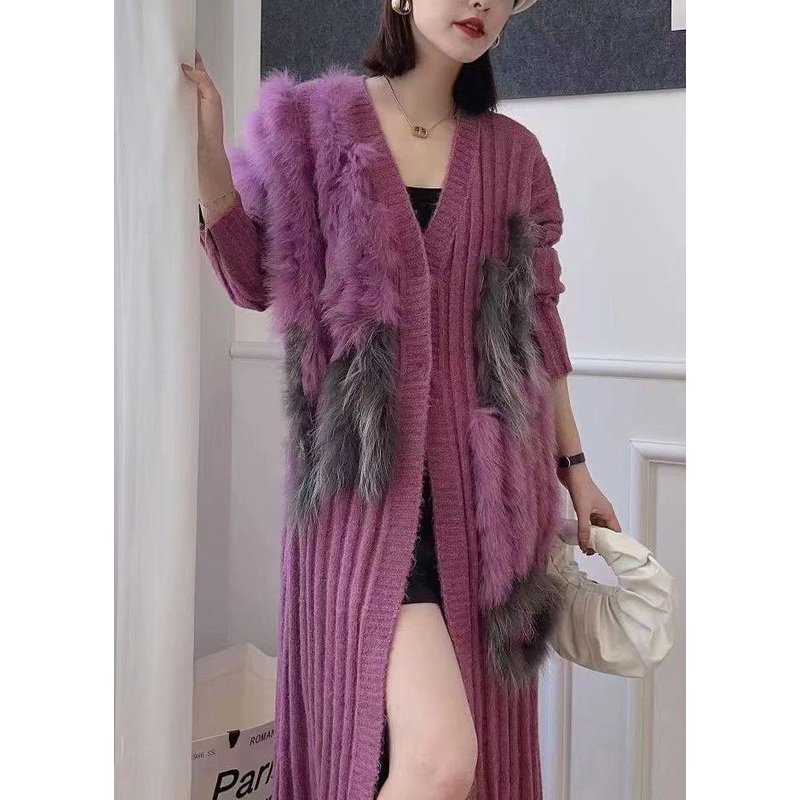 Boutique Purple Fox Fur Patchwork Knit Cardigans Fall
