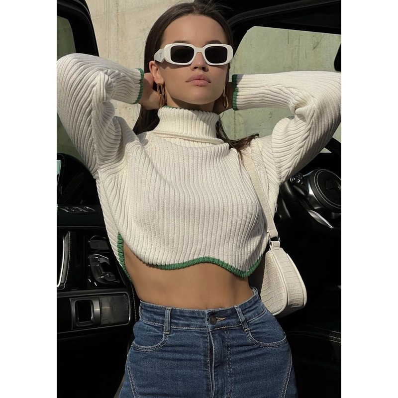 Boutique White Hign Neck Asymmetrical Knit Short Sweater Fall