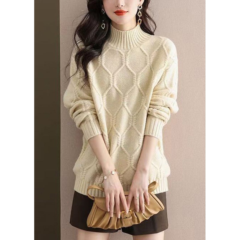 Casual Beige Half Hign Neck Thick Knit Sweater Tops Fall