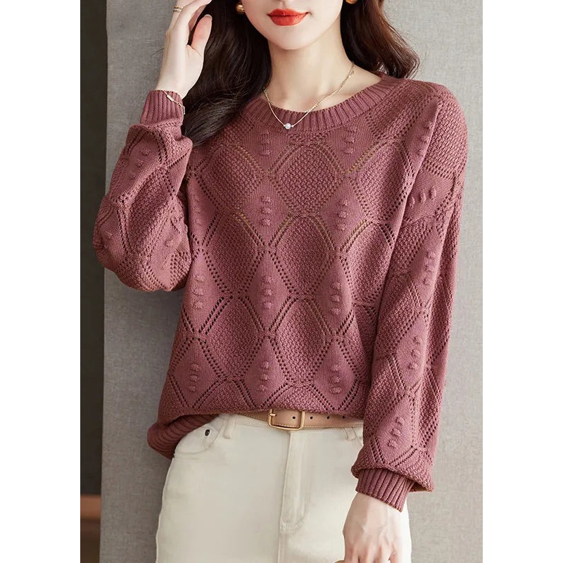 Casual Brick Red O Neck Hollow Out Knitted Tops Fall