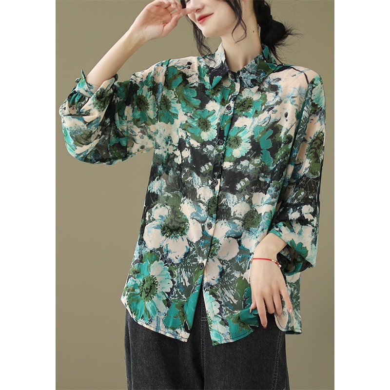 Chic Green Peter Pan Collar Print Cotton Shirt Tops Fall