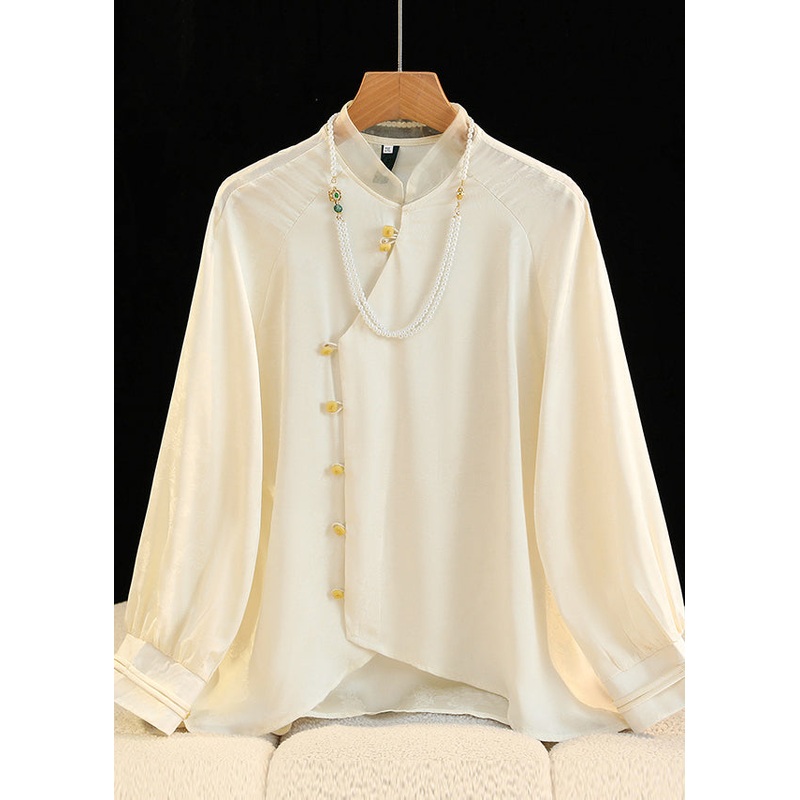 Chinese Style Milk White Draping Silk Blouse Tops Fall