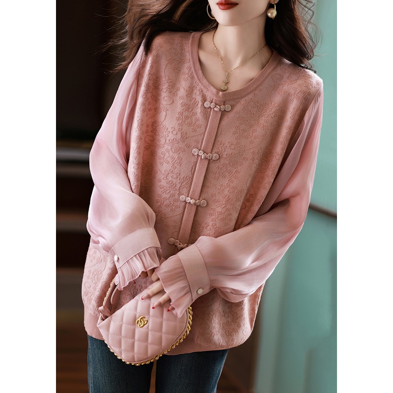 Classy Pink O Neck Chiffon Jacquard Patchwork Knit Shirt Fall