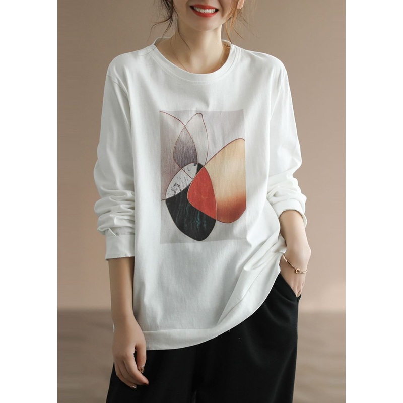 Classy White Oversized Print Cotton Pullover Streetwear Fall